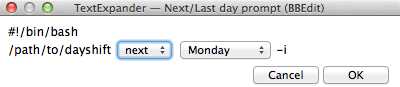 Screenshot of the dayshift fill-in TextExpander snippet