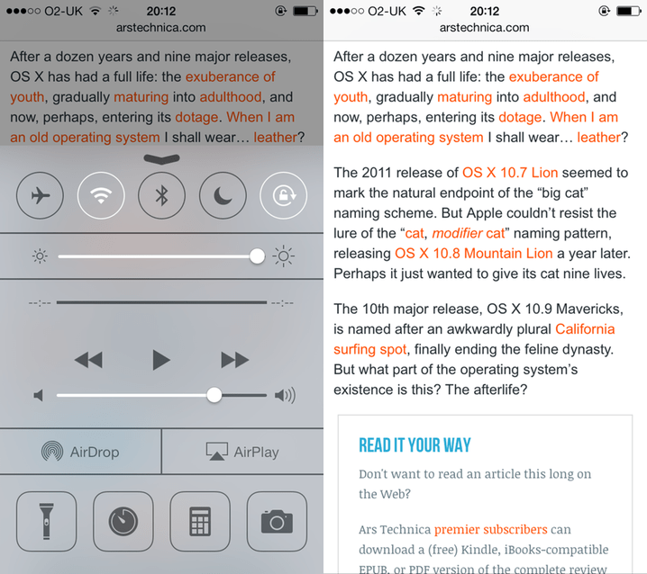 Side-by-side image showing the difference in brightness when the iOS7 Control Centre is shown and hidden