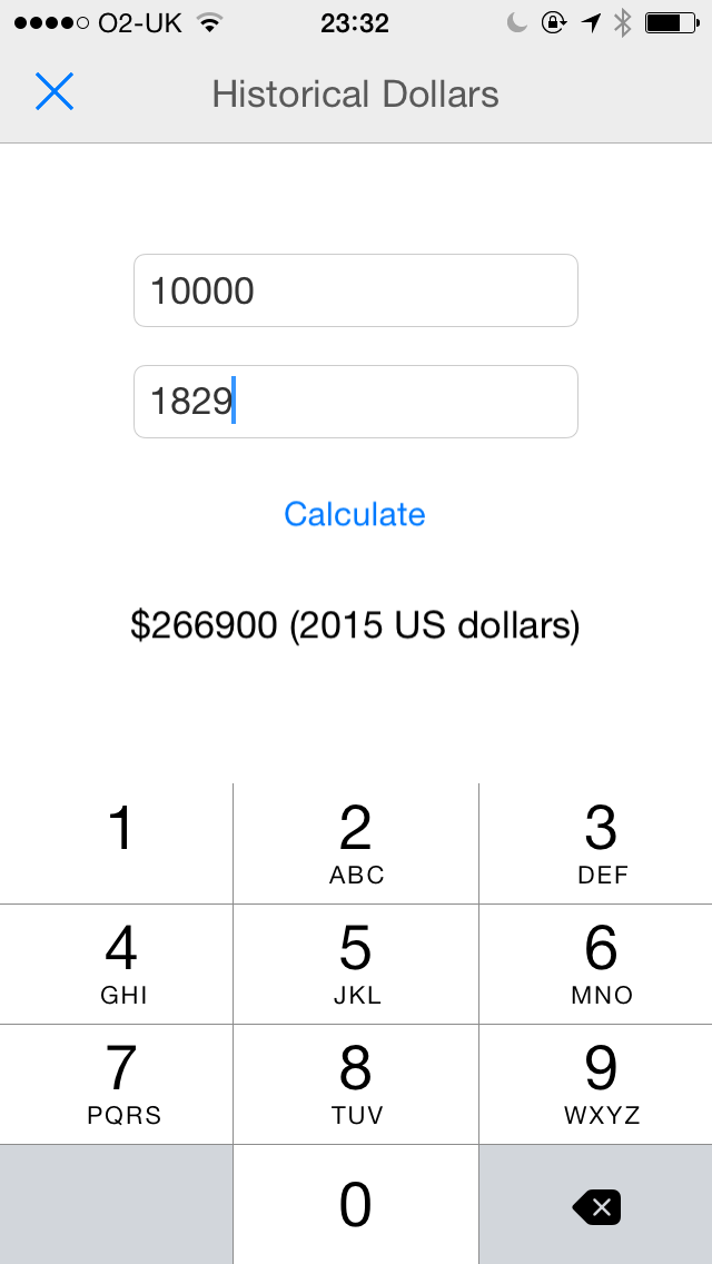A screenshot of the historical dollars script run in Pythonista on an iPhone.