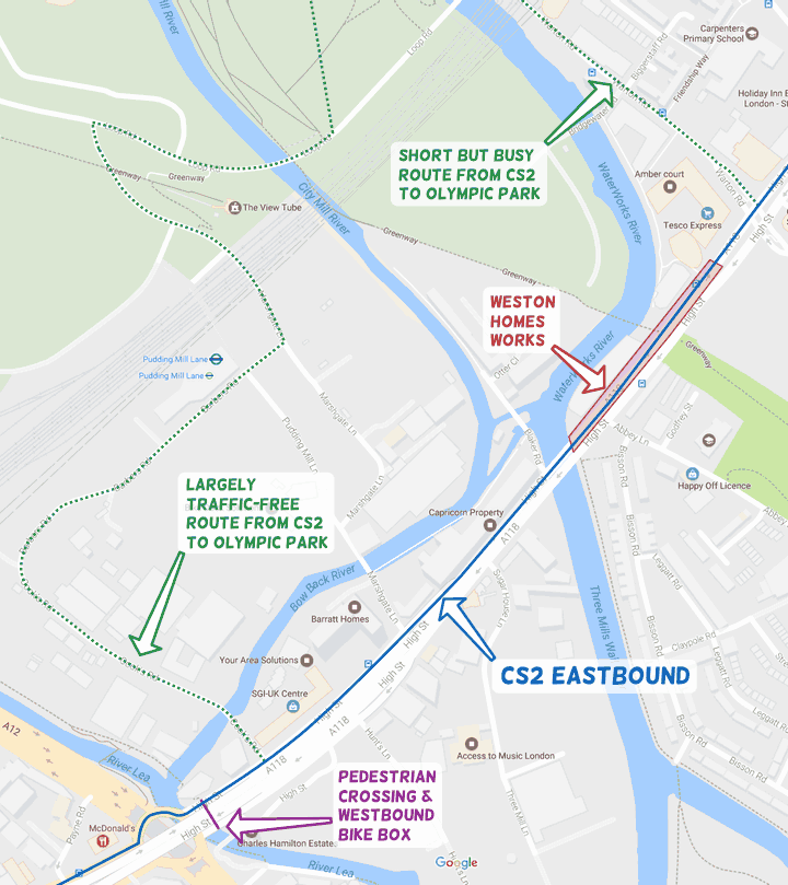 A map of the lower section of the Olympic Park and Stratford High Street